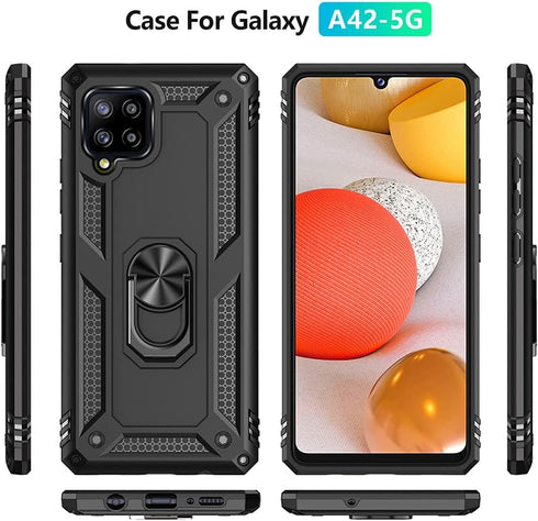 Androgate Cellular Phone Case for Samsung Galaxy A42 5G, Heavy Duty Protection with Metal Ring Holder Kickstand, Black