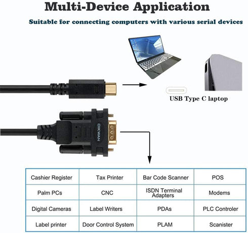 USB-C to RS232 DB9 Serial Cable Male Converter Adapter with FTDI Chipset for Windows and Mac