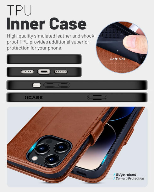 OCASE Wallet Case for iPhone 15 Pro Max, Brown, PU Leather Flip with Card Holders & RFID Blocking