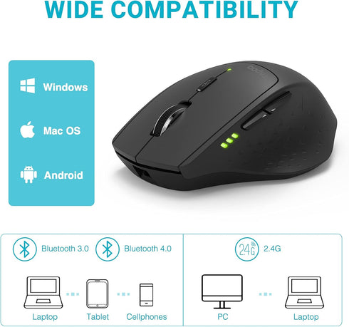 Rapoo Multi-Device Wireless Mouse, Bluetooth 5.0/3.0 + 2.4GHz Optical Mouse with USB Nano Receiver, Ergonomic