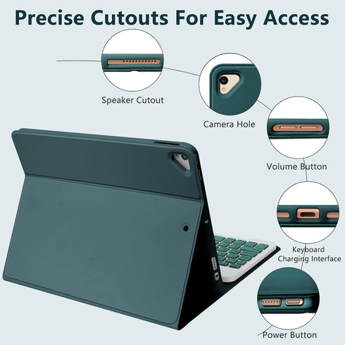 Keyboard Case for iPad 10.2" 9th 8th Generation, Detachable Bluetooth Keyboard and Pencil Holder, Deep Green