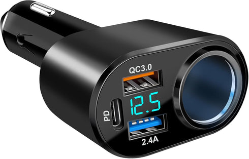 USB C Car Charger, 90W Cigarette Lighter Adapter, Fast Charging PD QC 3.0, Charger Socket Splitter with 3 USB Ports LED