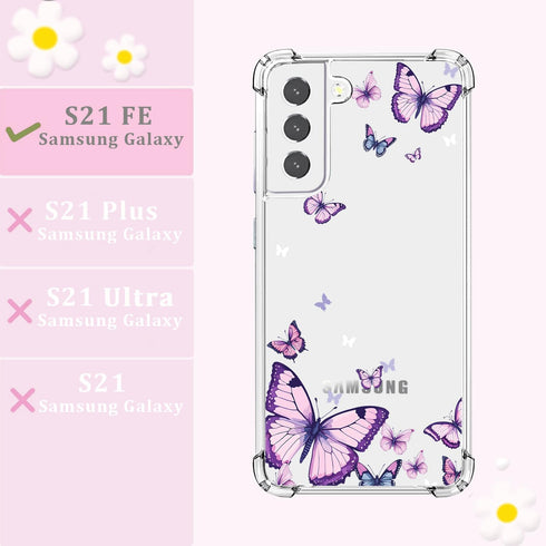 for Samsung Galaxy S21 FE Case,Alluring Purple Butterfly Pattern Anti Yellowing Slim Hard Cases,Hard PC + TPU Bumper Clear Shockproof Protective Women Phone Cover - Purple