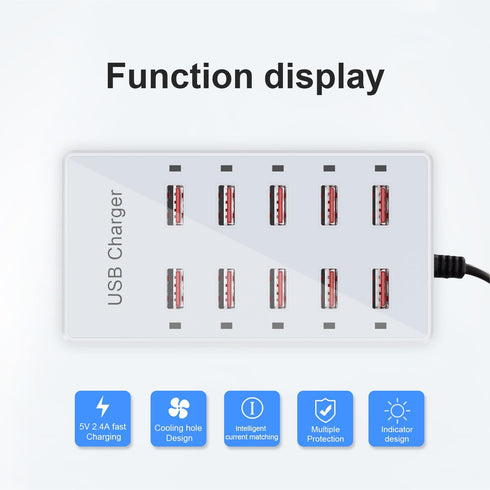 USB Charger 10-Ports, USB Charging Station for Multiple Devices, Power Hub Strip, Smart Plug Charging Dock for iPhone