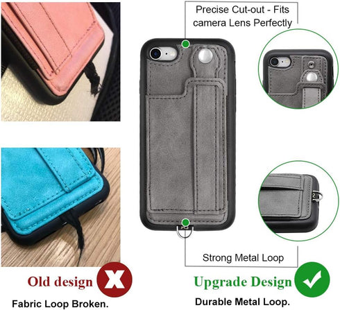 TOOVREN iPhone SE Case 2020/2022 - Phone Lanyard Neck Strap with Card Holder for iPhone 8/7 Wallet Case, Gray