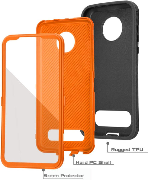 Annymall Heavy Duty Moto Z3 Case with Built-in Screen Protector, Rugged Shockproof Armor Cover (Black/Orange)