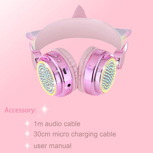 Kids Wireless Headphones - LED Light Up Bluetooth Unicorn Headphones with Microphone for School/Xmas/Online Study