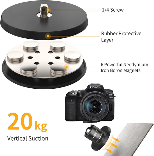 UTEBIT Magnetic Camera Mount Base Stand Kit 66mm, Magnet Tripod with 1/4 Screw Mini Ball Head, GoPro Adapter, Phone
