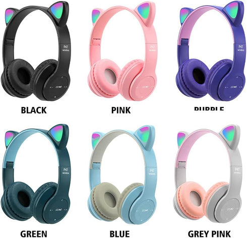 Kids Cat Ear Headphones, LED Light Up Bluetooth 5.0 Foldable Gaming Headset, Noise Cancelling Over Ear, Purple