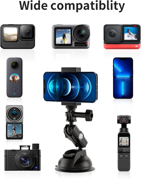 TELESIN Car Mount Suction Cup with Phone Holder for GoPro Max Hero 13 12 11 10 9 8 and DJI Action 3 4 5