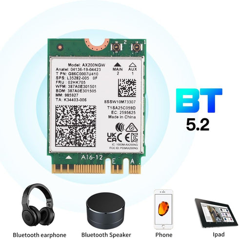 WiFi 6 AX200NGW M.2 2230 Dual Band Wireless Adapter, 3000Mbps, BT5.2, OFDMA Support for Windows 10/11, 64 bit
