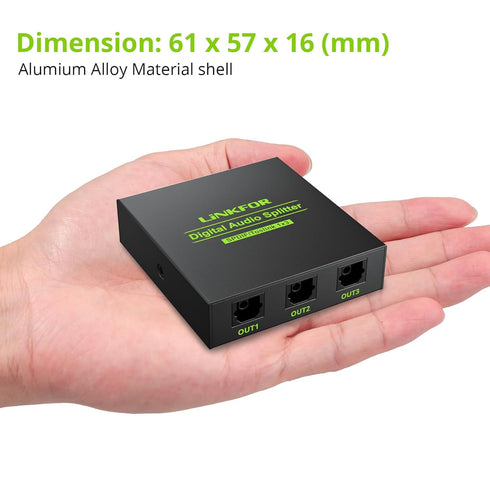 LiNKFOR Digital Optical Audio Splitter - 1x3 SPDIF Toslink Aluminum Alloy with Optical Cable Support