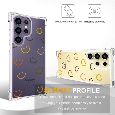 Cute Phone Case for Samsung Galaxy S24 Ultra - Clear Design, Transparent Kawaii Protective Case for Women, Smiley Face