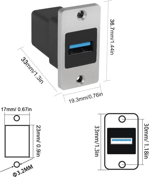 QIANRENON 5Gbps USB3.0 Rectangular Metal Panel Adapter, USB3.0 Female to Female Panel Mount Connector