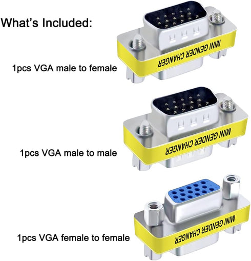 DTECH 3-Pack VGA Connector Female to Female Gender Changer, Male to Female Adapter, Male to Male Coupler