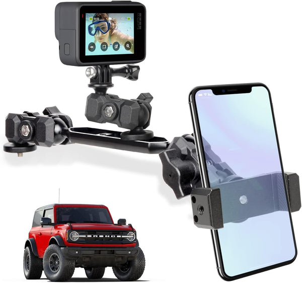 Bronco Phone Mount with Camera Mount, 360° Adjustment Metal Dashboard Cell Phone Mount for Ford Bronco 2021+