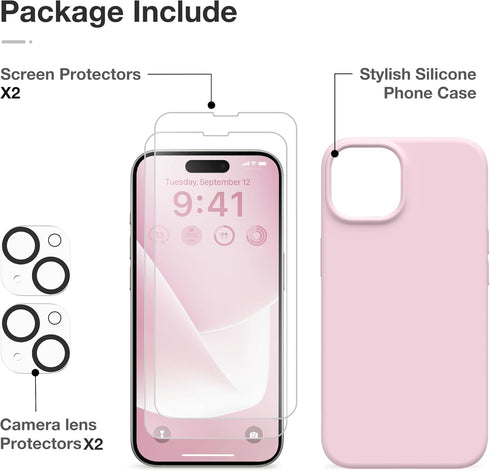 GONEZ iPhone 14 Case Silicone, Shockproof Protective Phone Cover with 2X Screen Protector + 2X Camera Lens Protector,