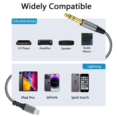 Lightning to 6.35mm 1/4" TRS Audio Stereo Cable, 4FT MFi Certified Male Adapter for i-Phone 14/13/12/Pro Max, Mixer,