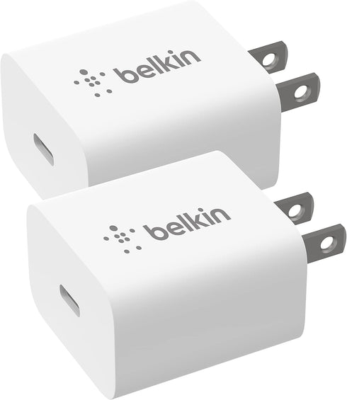 Belkin 20W Wall Charger, USB-C Fast Charging Block for iPhone 16 Series, Galaxy S24, iPad, AirPods & More - 2-Pack