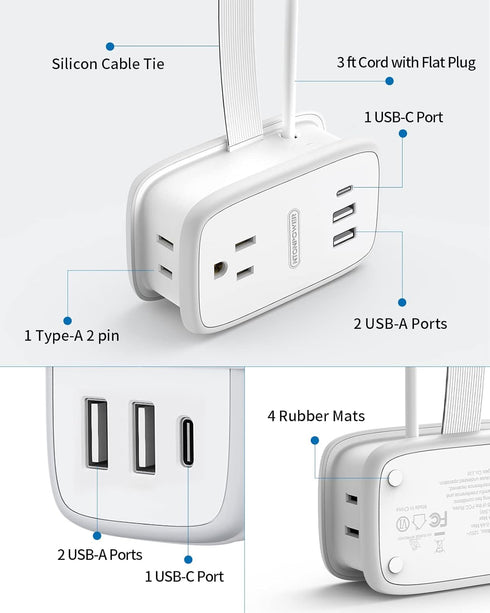 NTONPOWER USB C Travel Power Strip, Flat Plug with 3ft Extension Cord, 2 Outlets 3 USB Ports, Cruise Approved