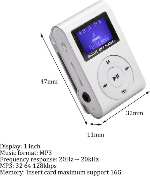 ciciglow MP3 32G,Suitable Mini Player,Mini LCD Screen Display USB Player,with Earphones,Ultra-Light Clip-on