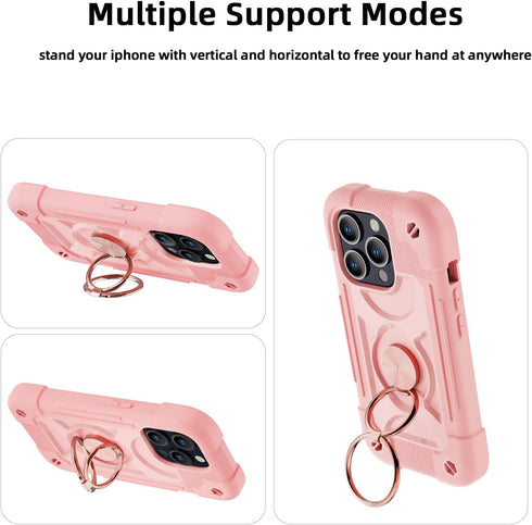 iPhone 15 Pro Case 6.1" - Rugged Military-Grade Shockproof Cover with Ring Stand, Glass & Camera Lens Protectors (Pink)