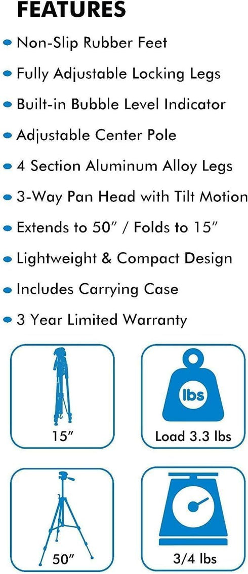 Acuvar 50 Inch 3-Way Lightweight Camera Tripod with Pan & Tilt Head Aluminum DSLR Tripod Stand with Quick Release Plate