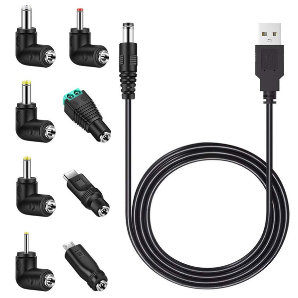 MEROM Universal 5V DC Power Cable, USB to DC 5.5x2.1mm Charging Cord with 8 Connector Tips (5.5x2.5, 4.8x1.7, 4.0x1.7,