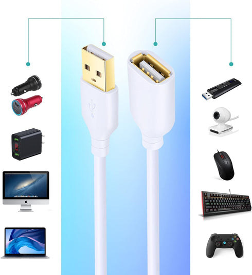 Costyle 10ft USB Extension Cable 2-Pack, USB 2.0 Type A Male to Female, White USB Extender with Gold-Plated Connectors.