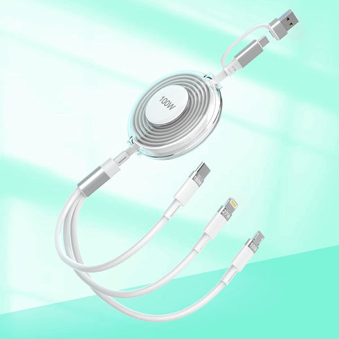 Upgraded 100W Retractable Multi 5-in-1 USB A/Type C to Lightning+USB C+Micro Charging Cable for iPhone 15 14 13