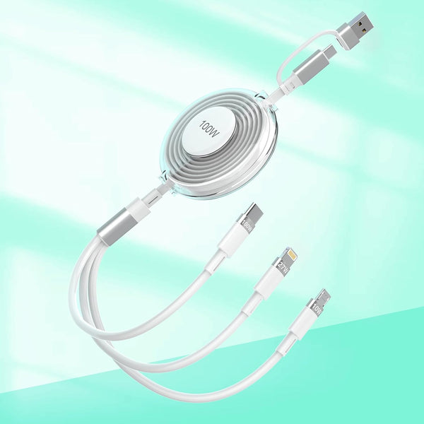 Upgraded 100W Retractable Multi 5-in-1 USB A/Type C to Lightning+USB C+Micro Charging Cable for iPhone 15 14 13