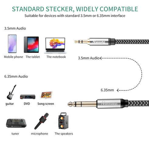 6ft/1.8M 6.35mm 1/4" Male to 3.5mm 1/8" Male Stereo Audio Cable, Zinc Alloy Housing, Nylon Braid for Headphones,
