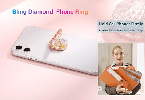 Glitter Bling Bling Phone Ring Holder, Sparkle Grip with Flat Diamond, Rhinestone Cell Finger Ring for Phones (Rose