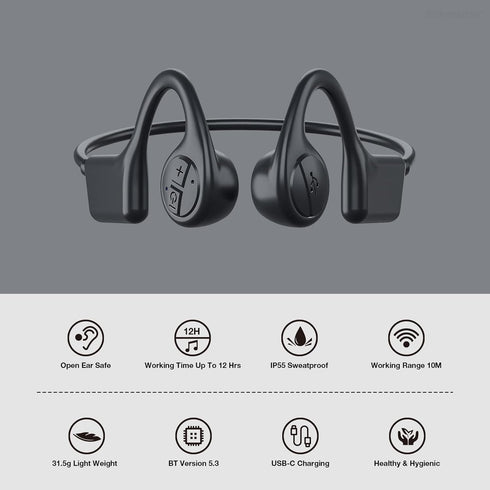 Bone Conduction Headphones with 12 Hours Playtime, Bluetooth 5.3, IP55 Sweatproof, Built-in Mic for Running Cycling
