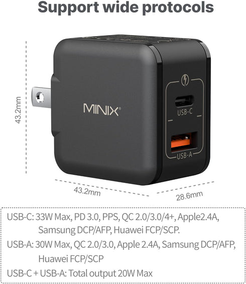MINIX NEO P1 Mini 33W PPS 2-Port GaN Charger 1 USB-C Port Fast Charger, 1 USB-A Port Quick Charger 3.0. Compatible with iPhone 8-15 Series, Galaxy S10-S21, Pad and More.