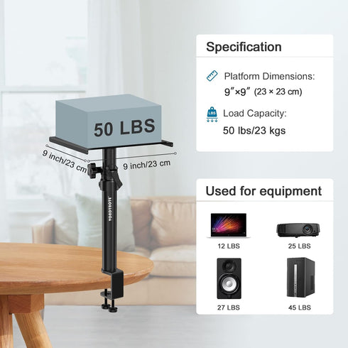 Set of 2 Height Adjustable Studio Monitor Speaker Stands, 12" to 18" with Desk Clamp for Desktop Use.