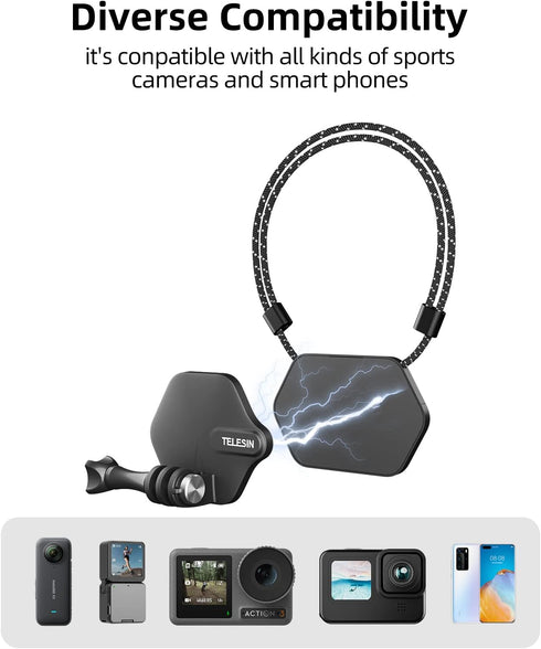 TELESIN 360 Magnetic Mount Chest Mount with Neck Strap Lanyard for GoPro Max Hero 11 10 9 8 7 Insta360