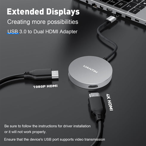 USB 3.0 to Dual HDMI Splitter for 2 Monitor Extended Display, 4K/1080P External Graphics Card for Windows and Mac