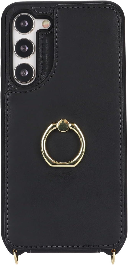 for Samsung Galaxy S23 Case with Card Holder and Strap for Women, Black Crossbody Lanyard Phone Wallet Case