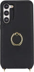 for Samsung Galaxy S23 Case with Card Holder and Strap for Women, Black Crossbody Lanyard Phone Wallet Case
