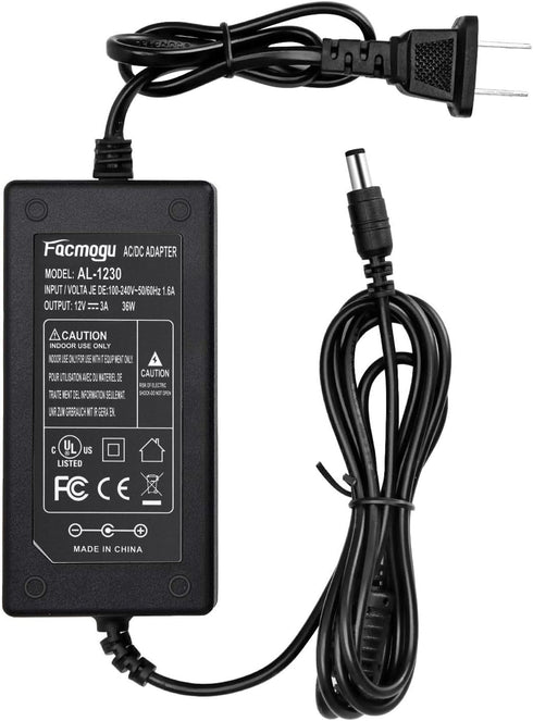 Facmogu DC 12V 3A Power Adapter - 100-240V AC to DC 12V 3A Power Supply with Barrel Connector