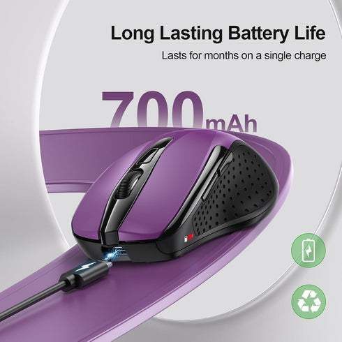 TECKNET Wireless Mouse, Rechargeable 4800 DPI Silent Mouse with 8 Buttons, Wide Compatibility (Purple)