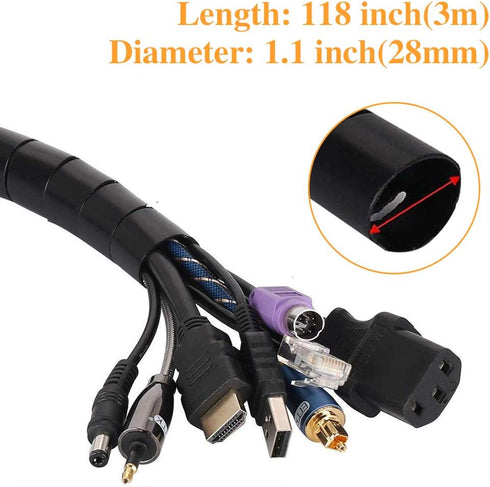 Black Spiral Winding Cable Management Pipe, Flexible Coiled Tube for Office, Computer, and Car (10ft)