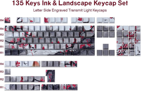 Tsungup PBT Keycaps - Side Printed Keycap Set, 135 Keys Double Shot Shine Through Landscape Painting Custom Keycaps for