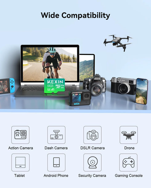 KEXIN 64GB Micro SD Card with Adapter, Up to 90MB/s 4K, V30, A1, C10, Compatible with Smartphone, Tablet, Drone
