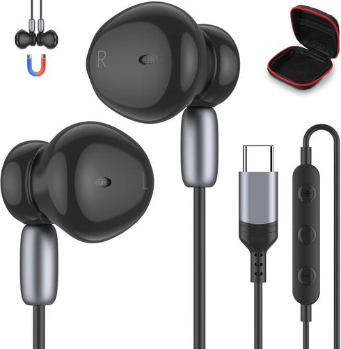 Magnetic USB C Headphones Wired Earbuds for Samsung S24 S23 FE, iPhone 15 Pro, Stereo Type C Earphones with Microphone