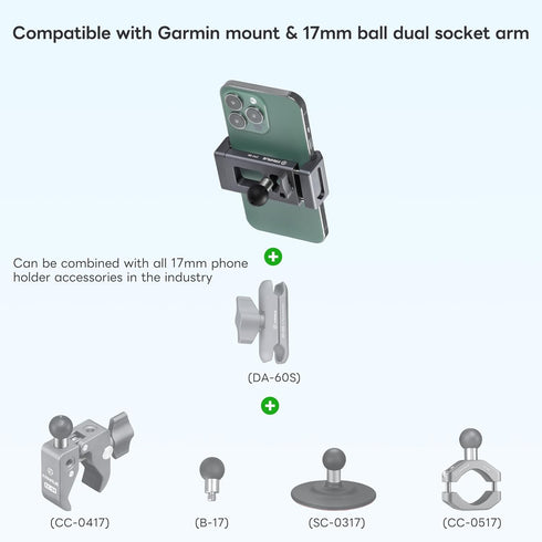 FANAUE Aluminum Phone Holder - 17mm Ball Head Compatible with Garmin Mounts for 6-8.5" Smartphones