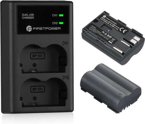 FirstPower BP-511 BP-511a Battery 2-Pack 2200mAh and Dual USB Charger for Canon EOS