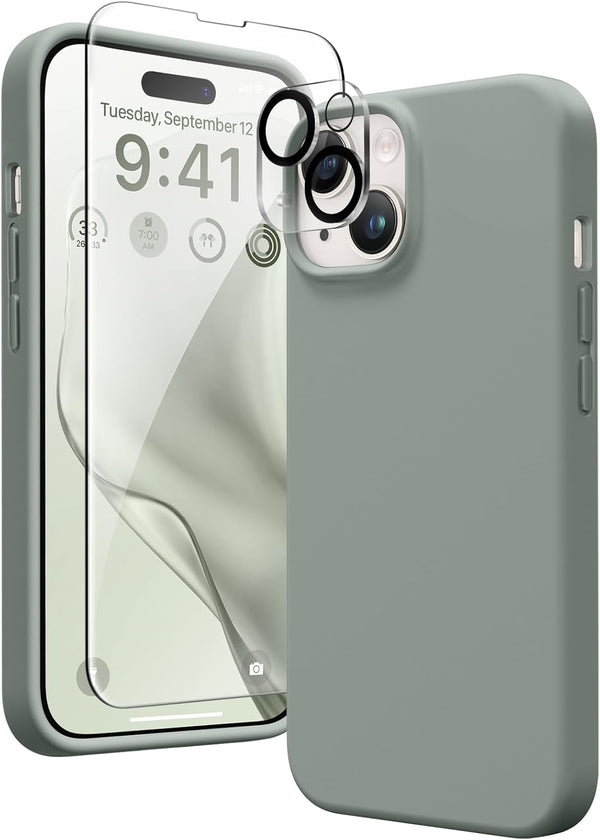 GONEZ iPhone 14 Case, Calke Green Liquid Silicone, 6.1", Shockproof, with 2X Screen & Camera Lens Protectors.