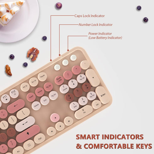 KOOTOP Wireless Keyboard and Mouse, 2.4G Cute Keyboard with Retro Round Keycap for PC, Mac, Laptop, Tablet (Milk Tea)